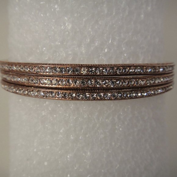 Pave Rhinestone Set 3 Thin Bangle Bracelets Copper - Picture 5 of 8